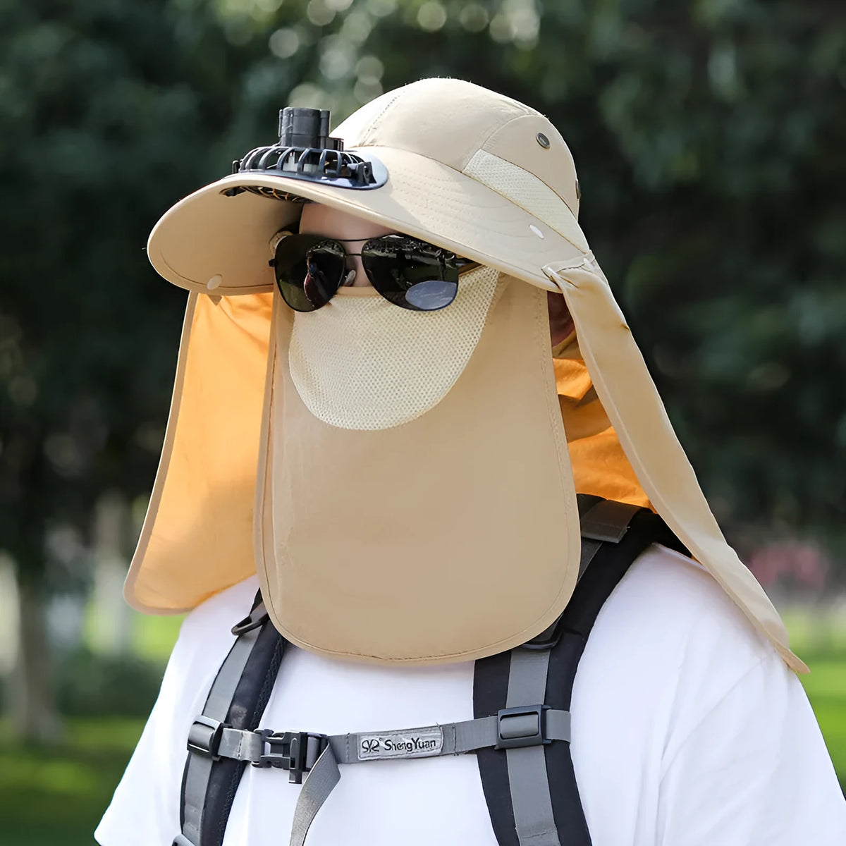 Men's khaki sun hat with built-in cooling fan and attached face covering neck shawl for outdoor protection.