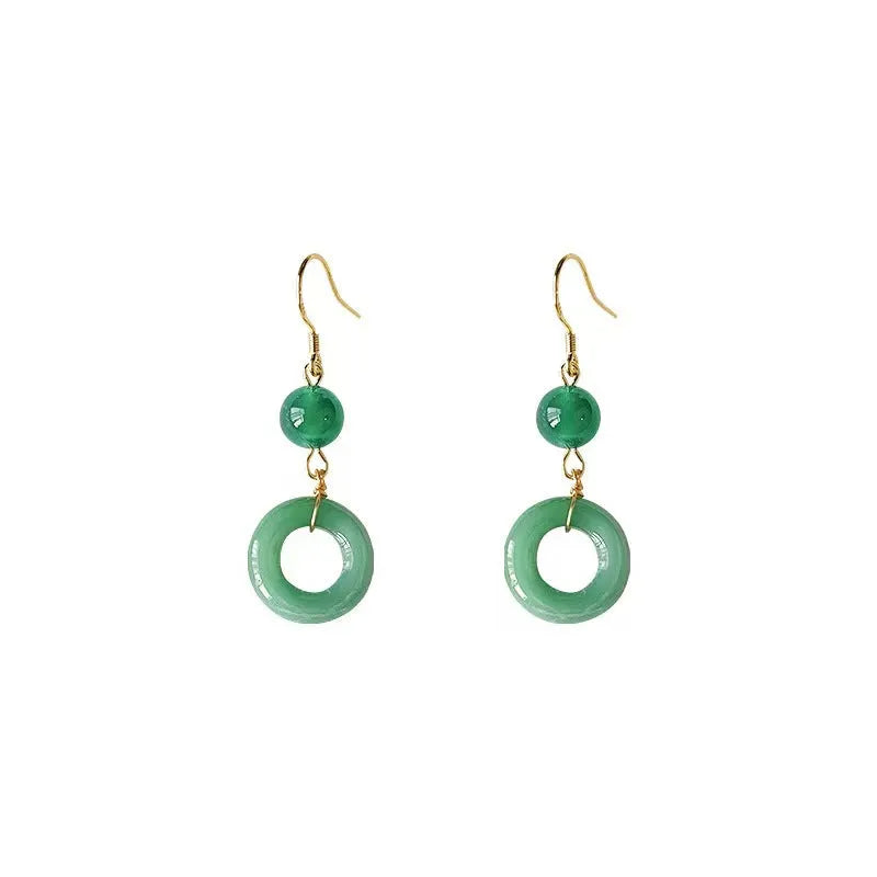 Pair of green geometric peace buckle earrings with Chinese cheongsam design inspiration