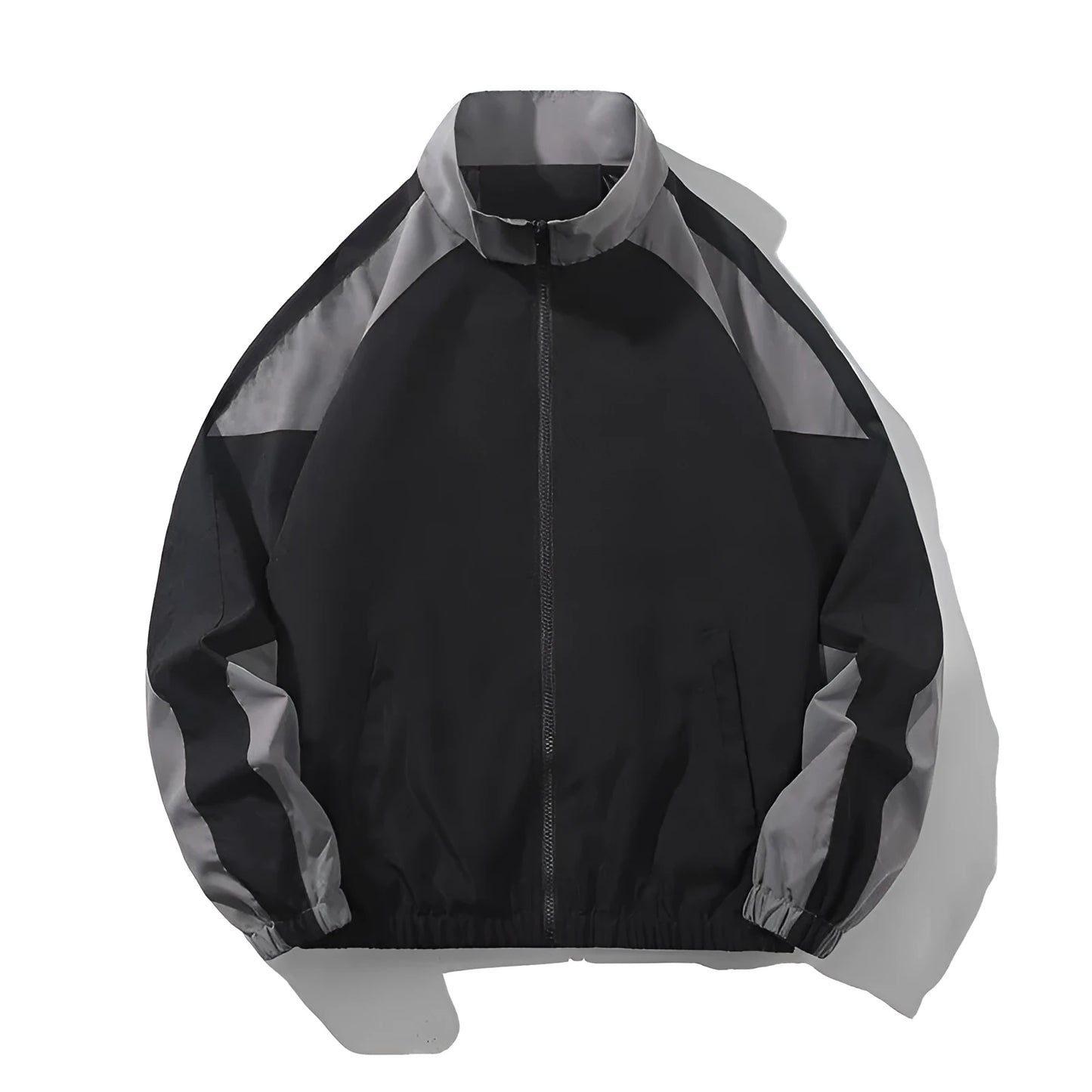 Men's black casual jacket with contrast stitching detail and side pockets for outdoor wear