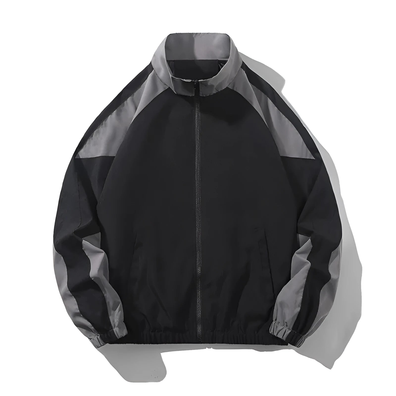 Men's black casual jacket with contrast stitching detail and side pockets for outdoor wear