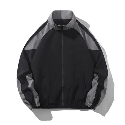 Men's black casual jacket with contrast stitching detail and side pockets for outdoor wear