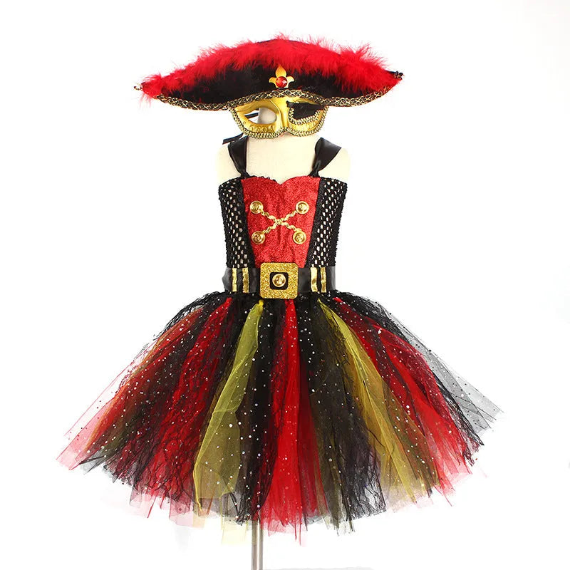 Girls sleeveless pirate costume dress with sequins, lace, and mesh on a pirate skirt design.