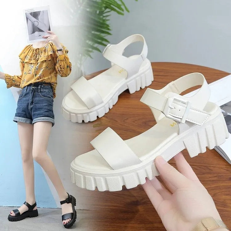 Women's beige peep toe ankle-strap sandals with buckle fastening and platform sole