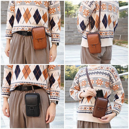 Men's genuine leather crossbody waist bag with lock feature and coin pocket in vertical square shape