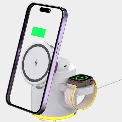 Black C16 magnetic folding wireless charger showing iPhone, Apple Watch, and AirPods placed on its three charging pads.