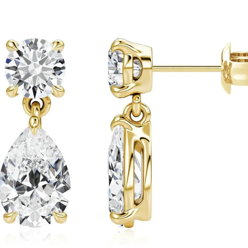 925 sterling silver water drop moissanite stud earrings with two round stones in gold or silver finish.