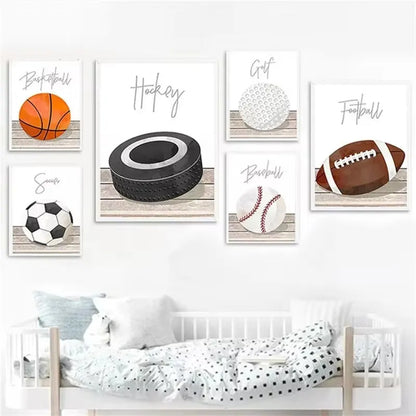 Cartoon illustration of football, basketball and baseball tools on a canvas wall poster for a child's bedroom.