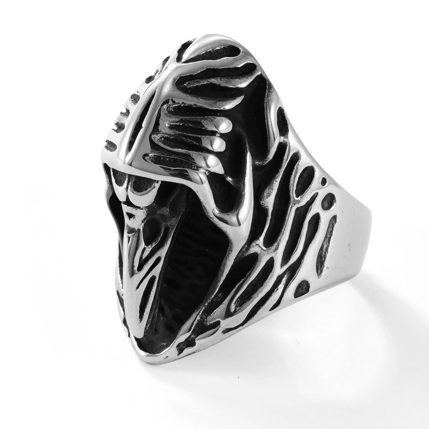 Crow motif stainless steel punk ring in geometric retro style with MR166 colour finish
