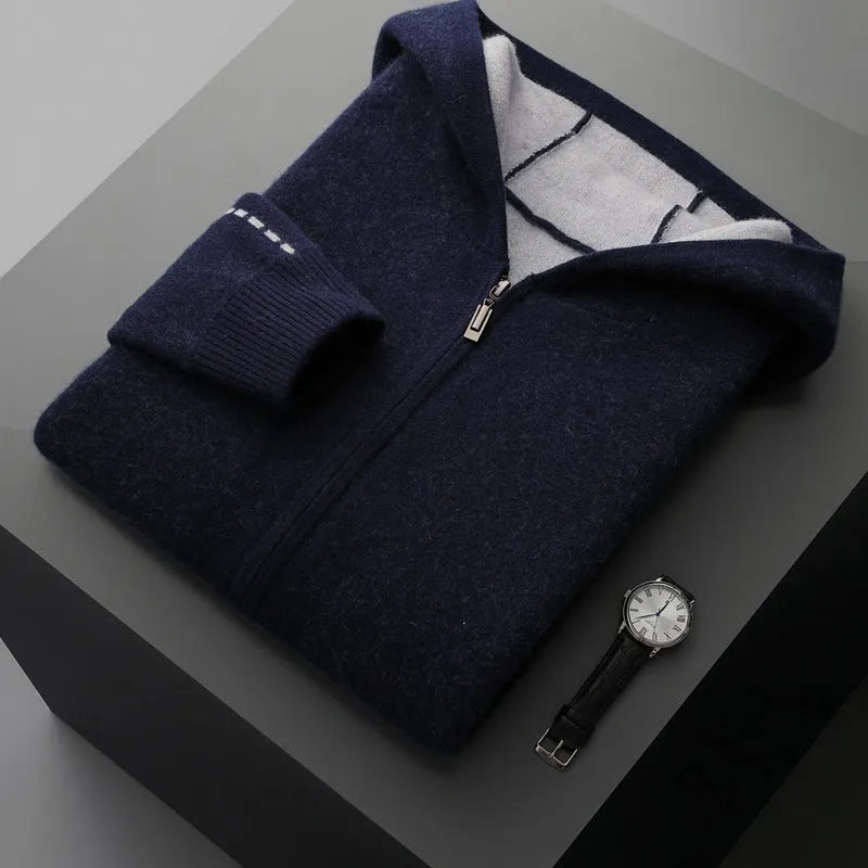 Men's dark blue half-high collar zip cardigan sweater with loose fit and long sleeves