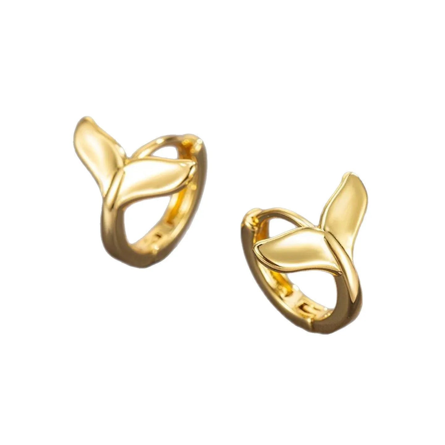 A pair of simple fishtail design earrings with an electroplated metallic finish, shown in white gold and yellow gold colour options.