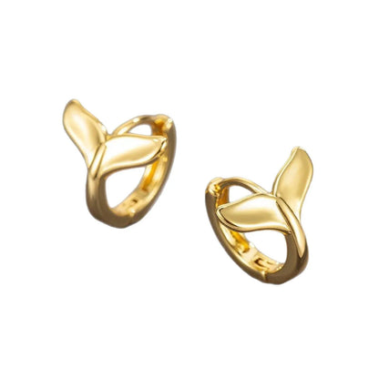 A pair of simple fishtail design earrings with an electroplated metallic finish, shown in white gold and yellow gold colour options.