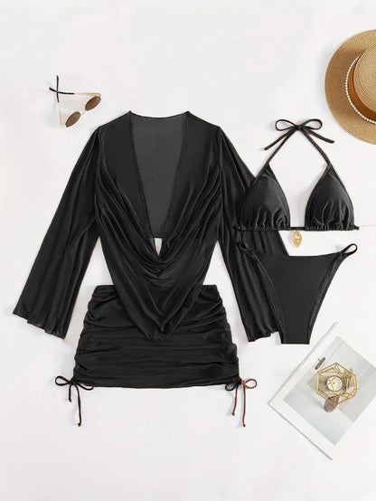 Dark brown women's one-piece swimsuit with a lace-up front and backless design.