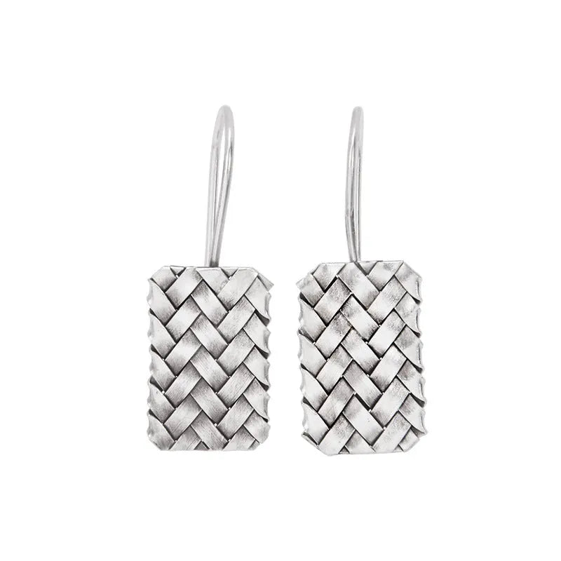 Pair of 925 silver geometric stud earrings with a woven diamond plaid texture on a white background.