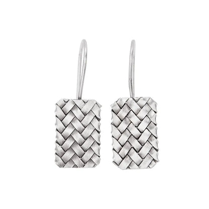 Pair of 925 silver geometric stud earrings with a woven diamond plaid texture on a white background.