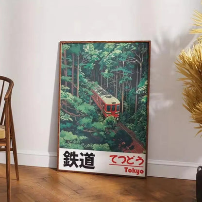 Retro Japanese landscape canvas art poster depicting a railway scene, frameless and in Nordic style.
