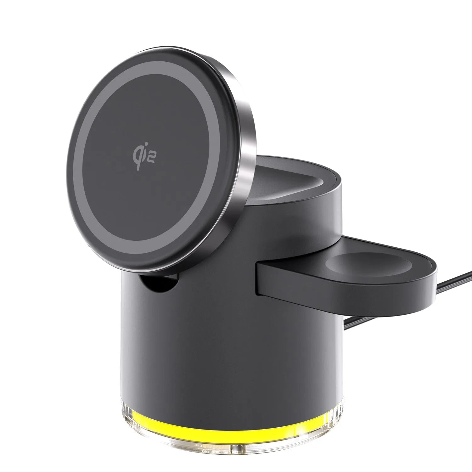 Black C16 magnetic folding wireless charger showing iPhone, Apple Watch, and AirPods placed on its three charging pads.