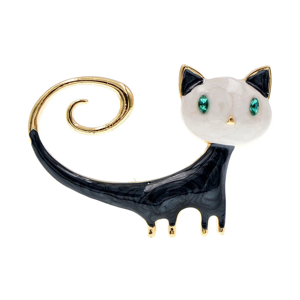 Women's alloy cat brooch with painted tailing up kitty design in white or orange colour