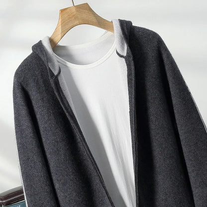 Men's dark blue half-high collar zip cardigan sweater with loose fit and long sleeves