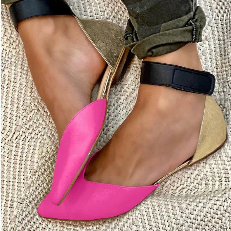 Women's beige Velcro fastening sandals with hollowed out design and flat heel