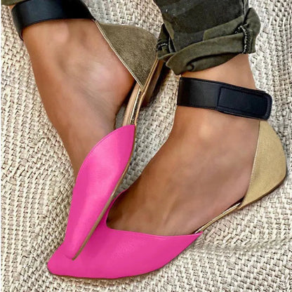 Women's beige Velcro fastening sandals with hollowed out design and flat heel