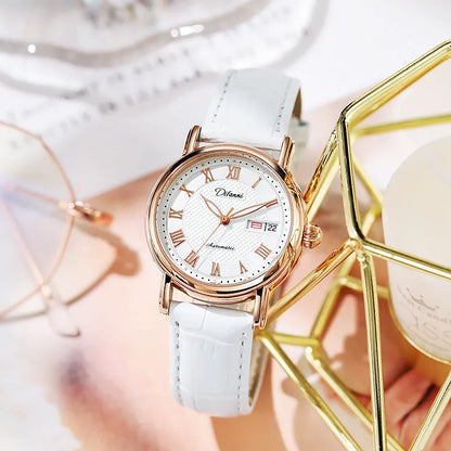 Women's mechanical automatic watch with 12mm thickness showing steel belt and leather strap options