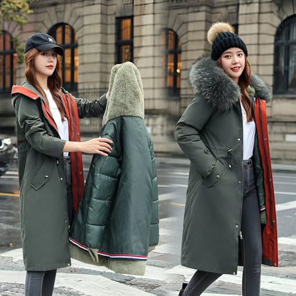 Women's long padded beige trench coat with a fleece lining, shown on a model.