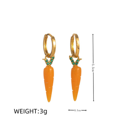 Gold plated copper earrings with detailed fruit and vegetable designs in seven colours.