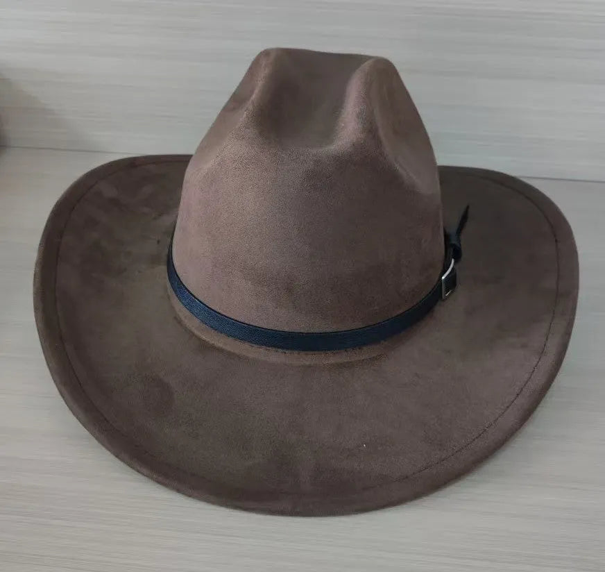 Brown leather velvet Western cowboy hat with curved brim and conical crown