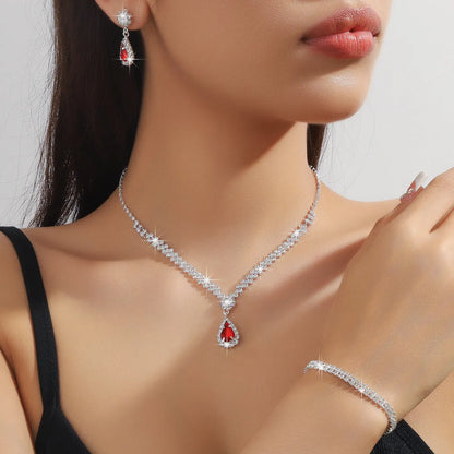 Rhinestone water drop shaped claw chain necklace and earrings jewellery set in selected colour