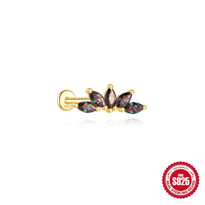 Sterling silver flat head thread piercing earrings with geometric shape and rainbow stone detail