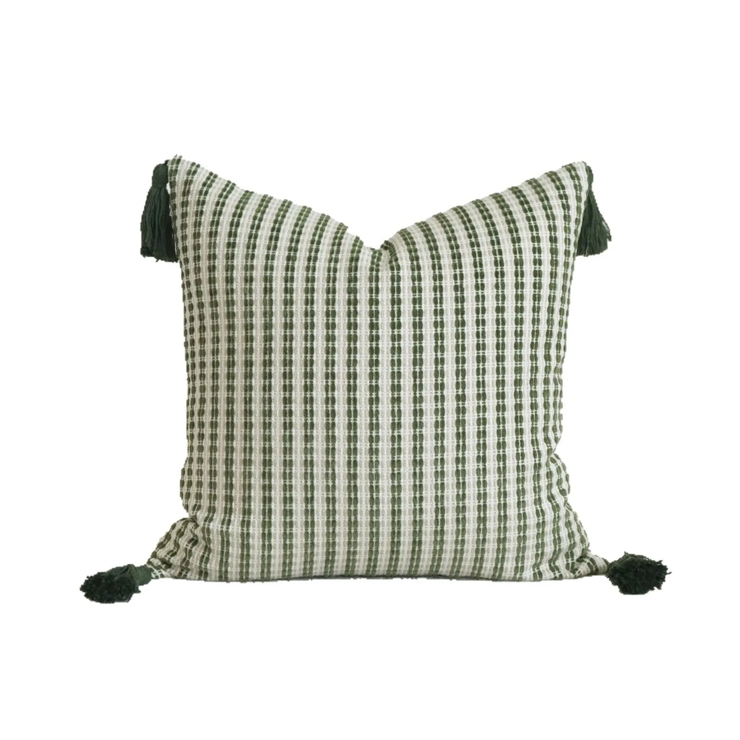 Green cotton and linen tassel pillow with silk floss filler in striped and leafy patterns, sizes 30x50cm to 50x50cm
