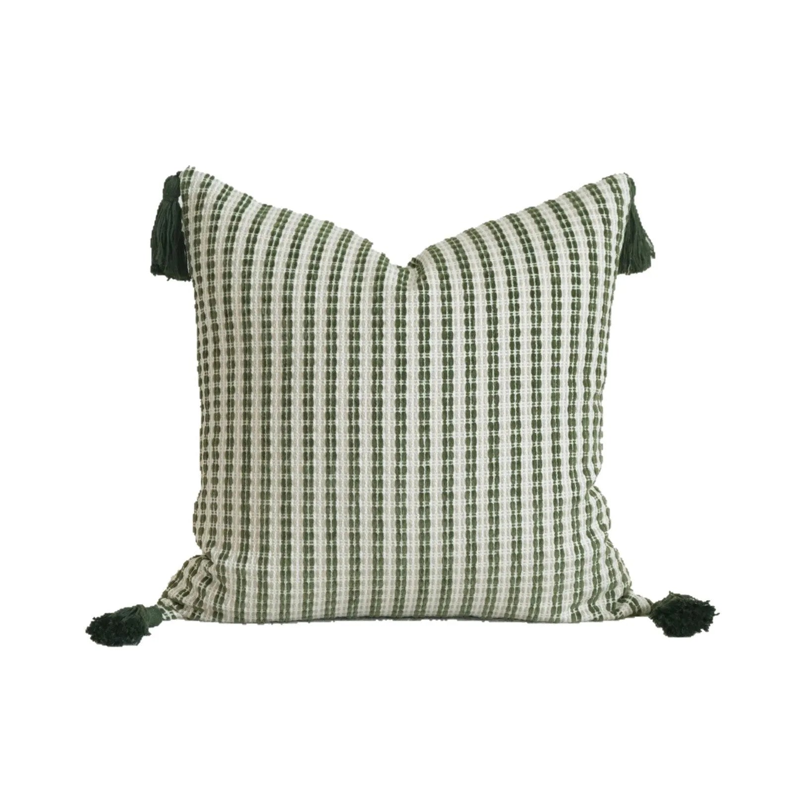 Green cotton and linen tassel pillow with silk floss filler in striped and leafy patterns, sizes 30x50cm to 50x50cm