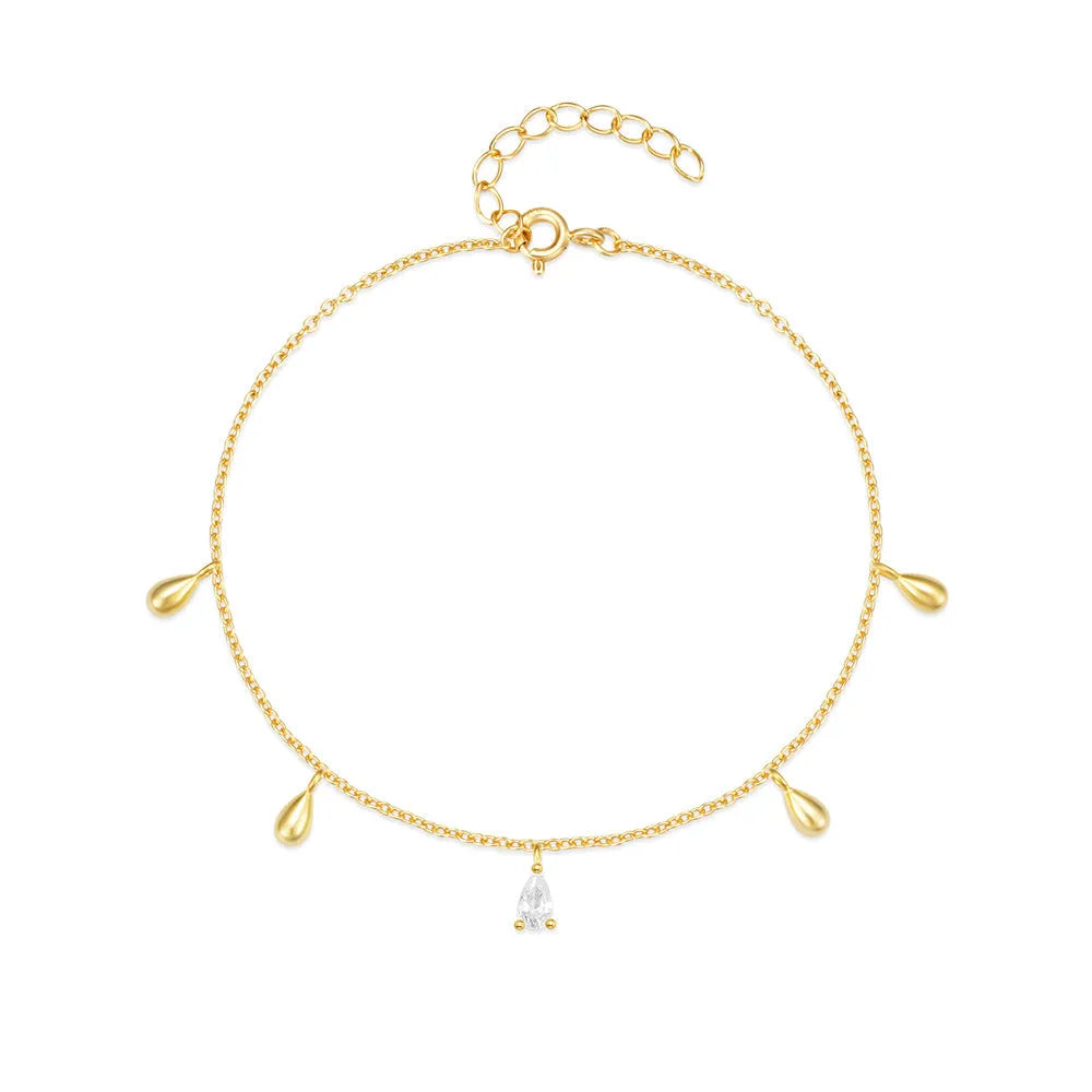Gold colour sterling silver bracelet with geometric water drop diamond pendant on model wrist