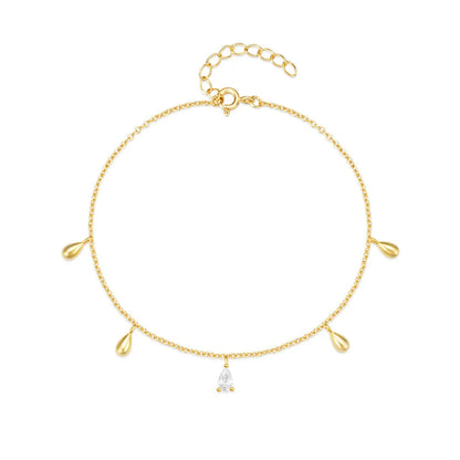 Gold colour sterling silver bracelet with geometric water drop diamond pendant on model wrist