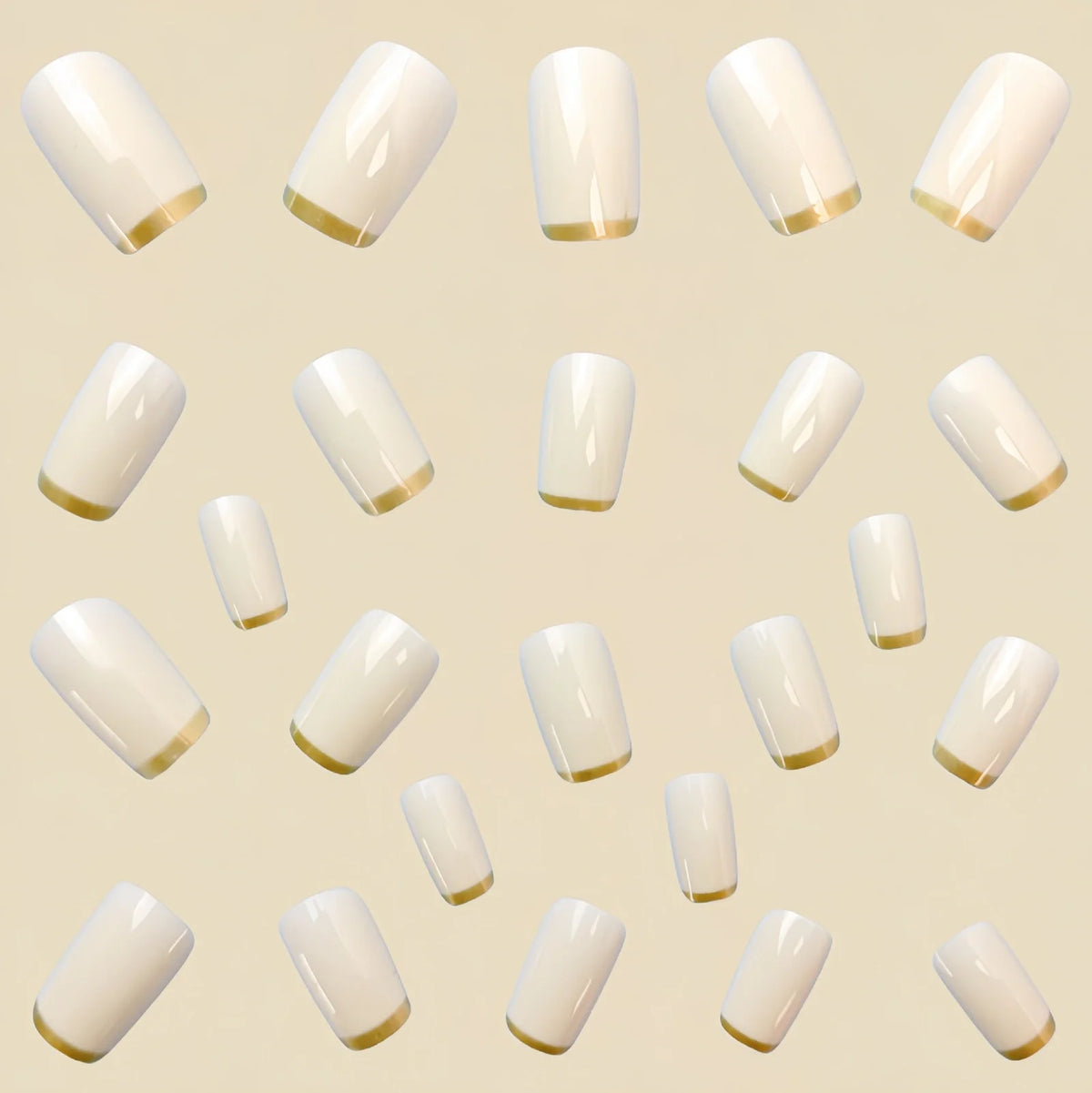 Mid-length European square nail art patches with white French tip and golden edge detail, 24-piece reusable set