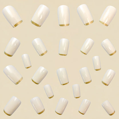 Mid-length European square nail art patches with white French tip and golden edge detail, 24-piece reusable set