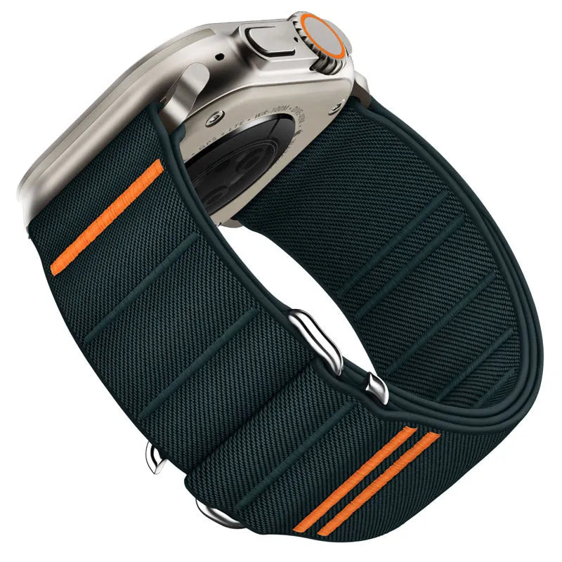 Elastic woven nylon Apple Watch band with stainless steel buckle shown in Army Green colour.