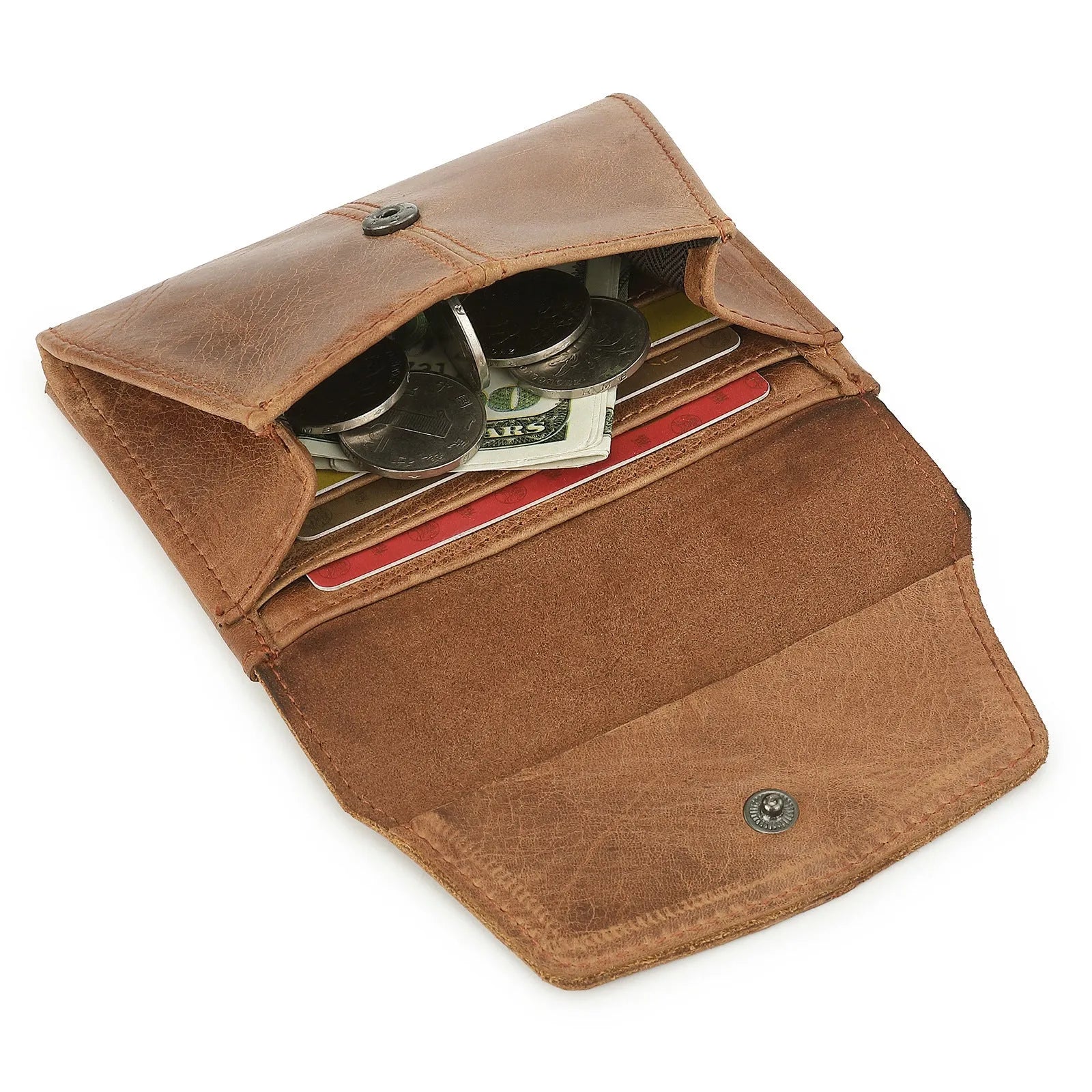 Men's brown genuine leather coin purse with a metal lock and decorative stitching in a retro style.