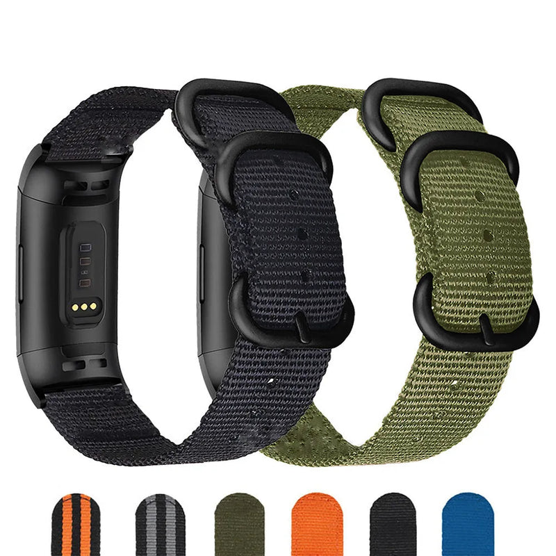 Fitbit Charge 3 4 Nylon Three-Ring Buckle Replacement Strap compatible with Fitbit Charge 2 3 4 5 fitness tracker in Army Green Black Dark Blue Gray Orange Black and Grey colour options for a secure comfortable wristband upgrade