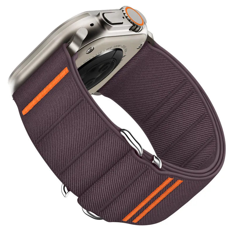 Elastic woven nylon Apple Watch band with stainless steel buckle shown in Army Green colour.