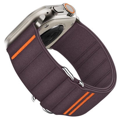Elastic nylon watchband for Apple Watch with stainless steel buckle, shown in Army Green colour.