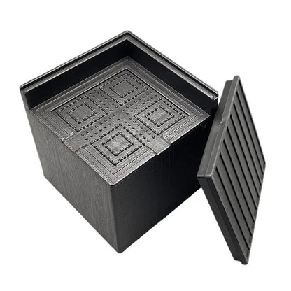 Four black plastic bed foot mats showing 2cm thickness and 10cm diameter for furniture levelling