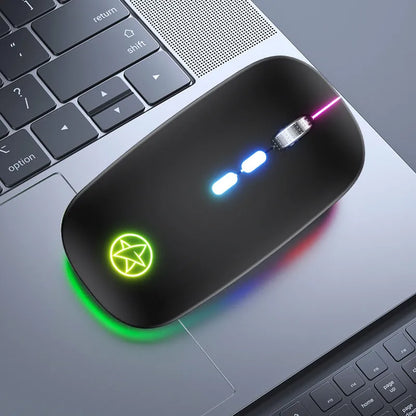 Wireless dual-mode Bluetooth gaming mouse with metal roller in star black finish alongside charging cable