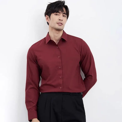 Wine red men's slim fit business shirt with long sleeves and non-ironing polyester blend fabric