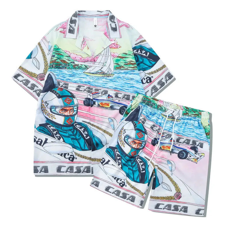 Plaid pattern beach outfit set with short sleeve shirt and trousers for teenagers