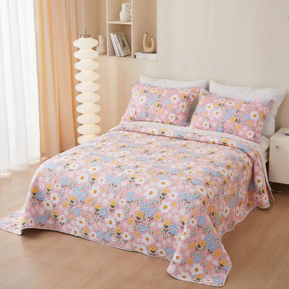 Pure cotton twill quilted bedspread three piece set with reactive printed floral pattern