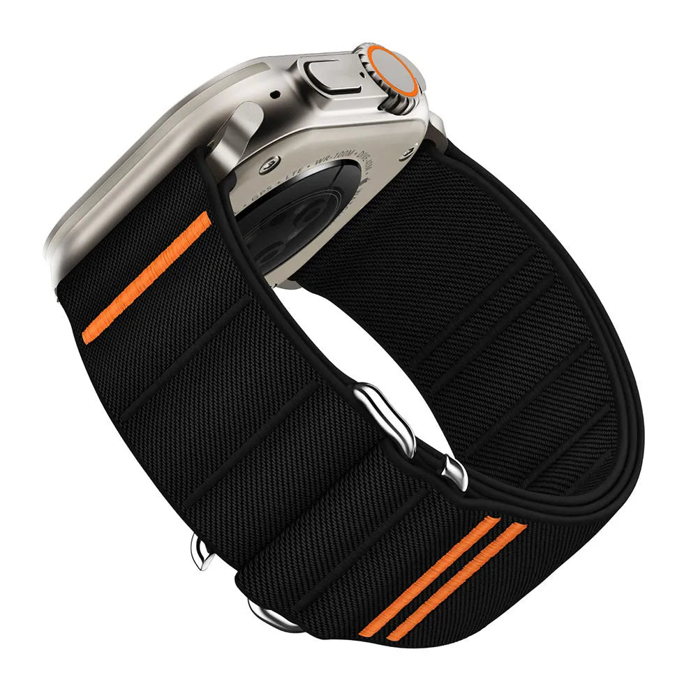 Elastic woven nylon Apple Watch band with stainless steel buckle shown in Army Green colour.