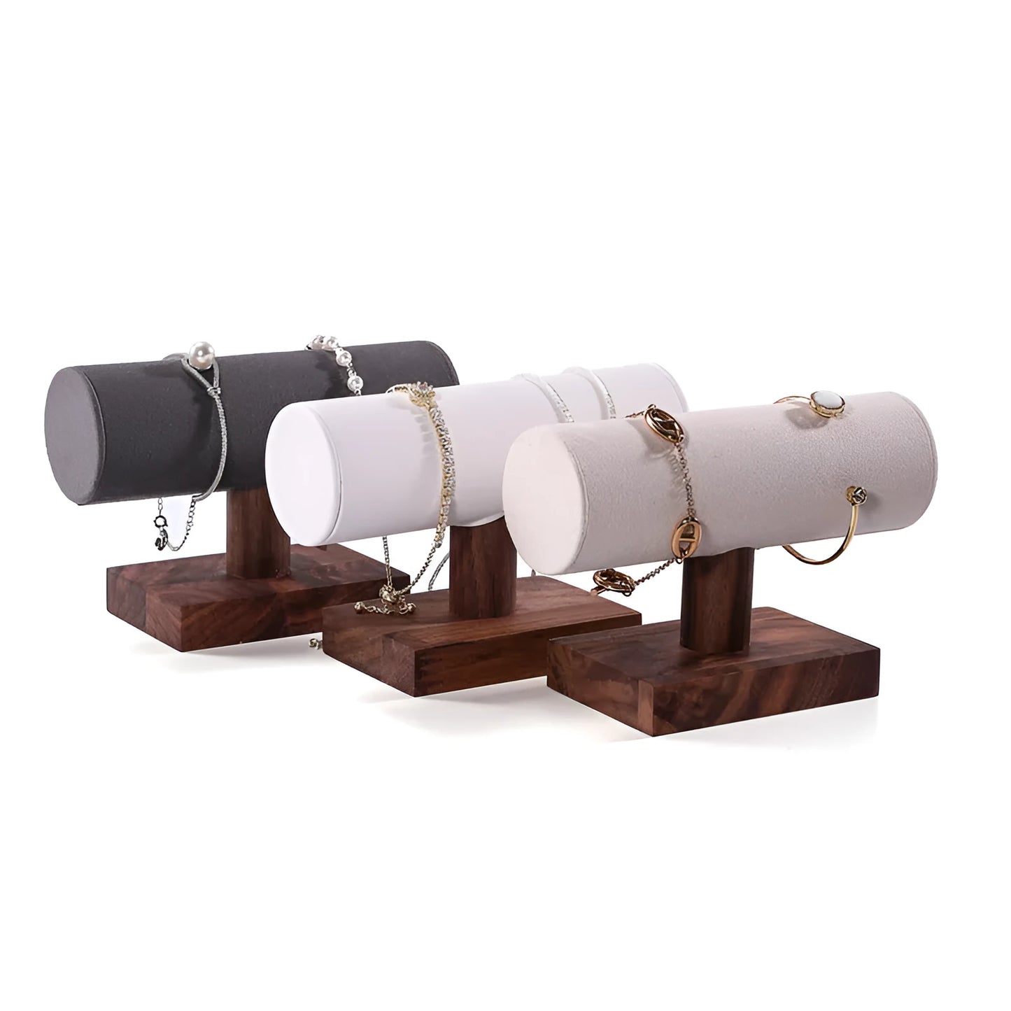 Walnut antique I-shaped wooden bracelet display stand with choice of velvet, leather or grey cylinder bases