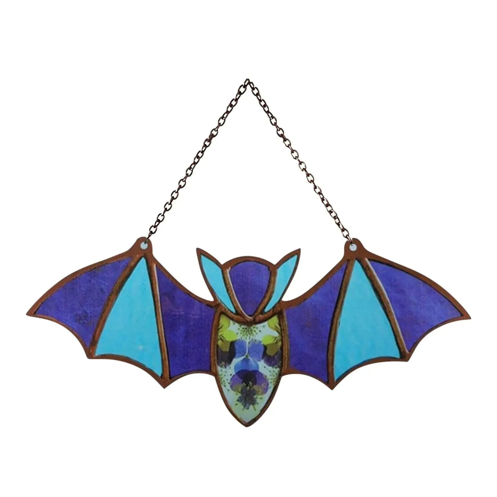 Acrylic bat-shaped wall pendant with modern art print, showing size and colour style options.