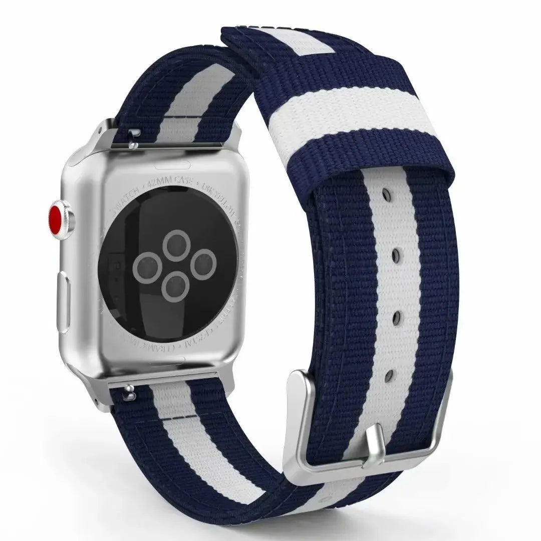 Split nylon watchband for Apple Watch in 38-49mm sizes with rainbow and striped colour options
